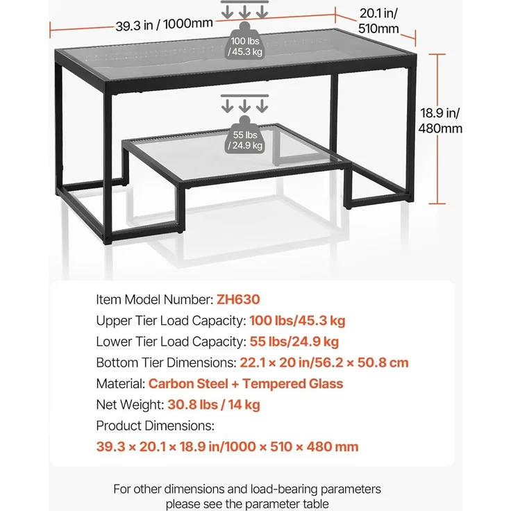 VEVOR Couchtisch Beistelltisch aus gehärtetem Glas mit Beleuchtung, rechteckiger Glastisch mit Zwei Ebenen & offenem Stauraum, Kaffeetisch aus Metall für Wohnzimmer Büro 100 x 51 x 48 cm Schwarz – Bild 3