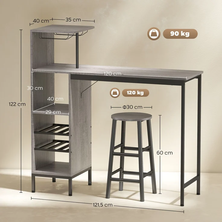 Bar-Tisch-Set mit Hockern, Stehtisch mit 2 Barstühlen, Regale, Weinfächer, Naturholz – Bild 5