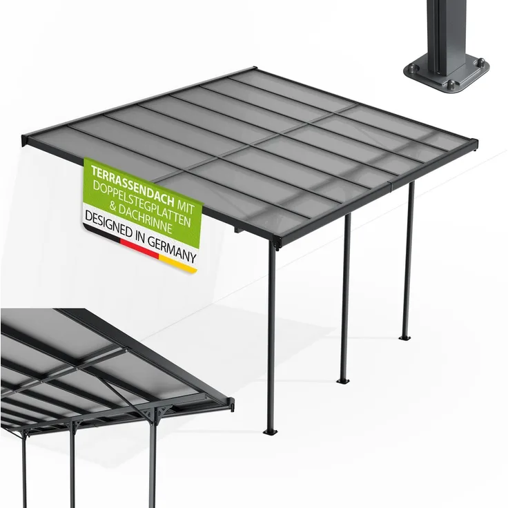 Juskys Terrassenüberdachung Borneo 4x3 m – Aluminium Terrassendach mit Doppelstegplatten Sonnenschutz Wandmontage Überdachung für Terrassen Anthrazit