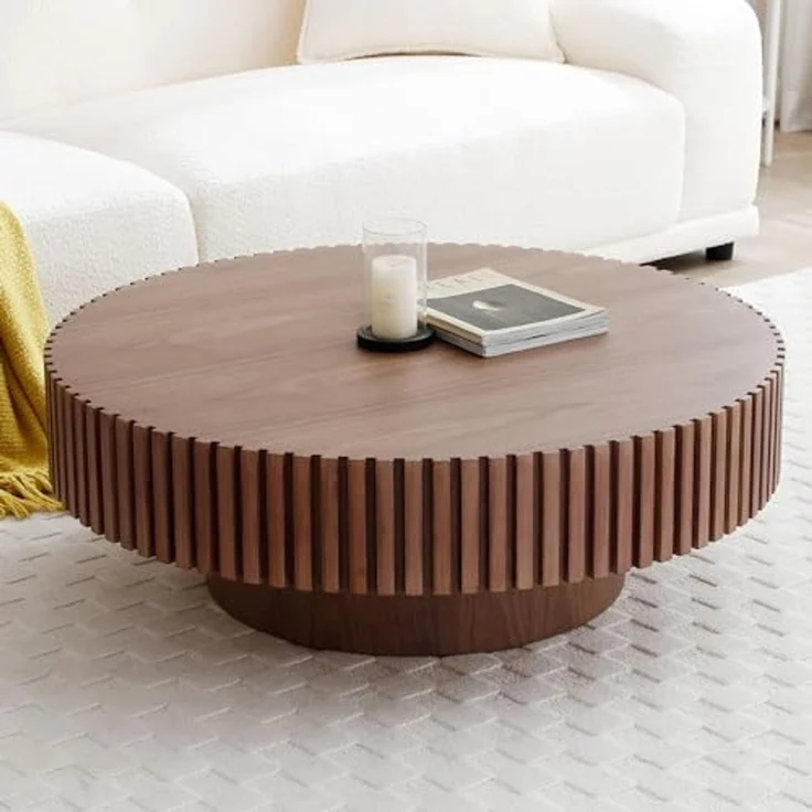 NJLyuhome Round Coffee Table with Grooved Edge, Solid Wood, 3 Colors (Walnut, Black, Natural) for Modern Living Room – Bild 5