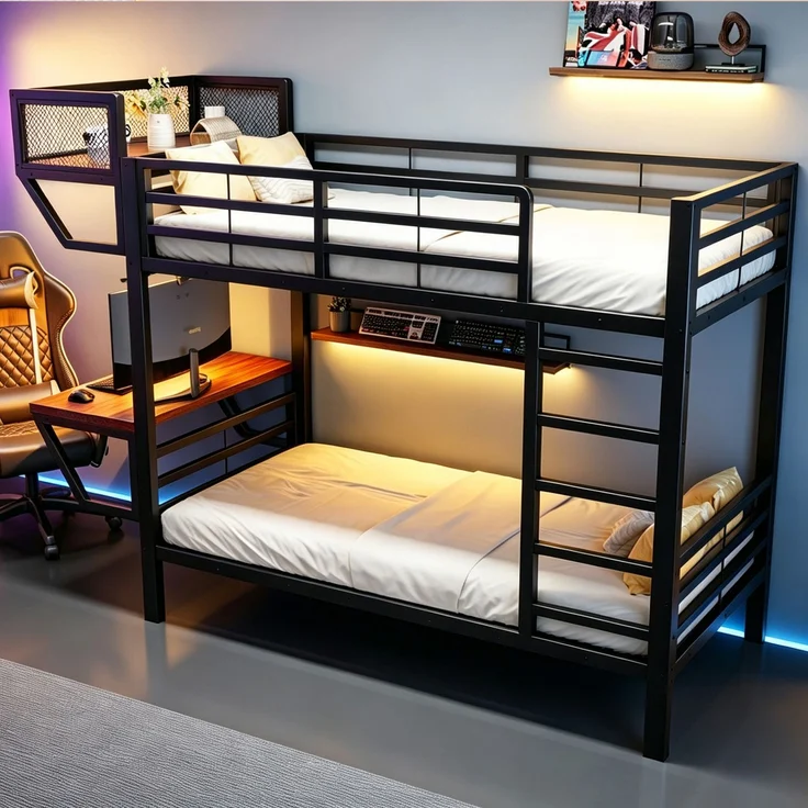 ZUBALIYA Metall-Etagenbett (90 x 200 cm) mit Schreibtisch und Ablagefächern, Lattenrost, platzsparendes Hochbett für Kinder, Jugendliche und Erwachsene, Schwarz – Bild 3