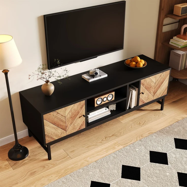 TV Schrank Schwarz Holzoptik 150x38 cm mit 2 Türen und offenen Fächern Metallbeine Sideboard Medienregal für Wohnzimmer – Bild 5
