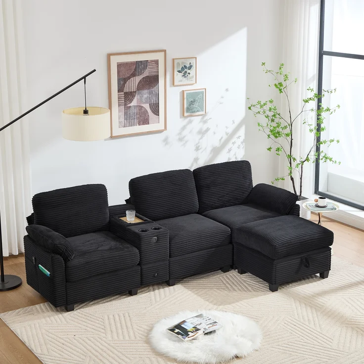LVHOM 3-Sitzer Sofa mit Hocker, L-Form Ecksofa mit Stauraum, USB-C-Anschluss und 2 Getränkehaltern, modulares Sofa, Schwarz – Bild 1