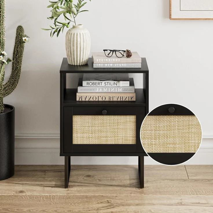 Nachttisch Rattan Boho Bauernholz Schublade Regal Beistelltisch Schwarz – Bild 7
