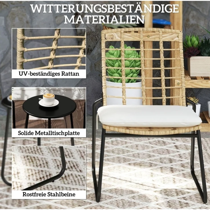 Redom Balkonmöbel-Set 40 x 40 x H 46 cm aus Rattan mit 2 stapelbaren Stühlen in Beige – Bild 2