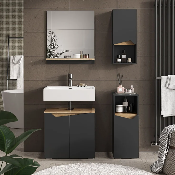 Badschrank Marelle Anthrazit/Artisan 30 x 67 cm mit Tür und offenem Fach Vicco – Bild 4