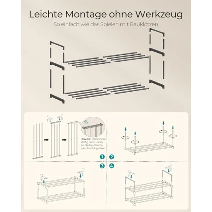 SONGMICS Schuhregal 2 Ebenen, Schuhständer Metall, Schuhaufbewahrung, Schuh-Organizer, aufrecht oder umgedreht, für 6-9 Paar Schuhe, stapelbar, Flur, 30 x 68 x 33,8 cm, schwarz LSA202B01 – Bild 8