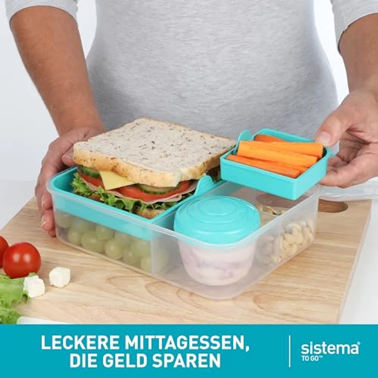 Sistema TO GO Bento-Box Cubes | 1,25 L | Brotdose für Pause mit Fächern und Snackbox | BPA-frei | 2 Stück | Minty Teal & Ocean Blue – Bild 6