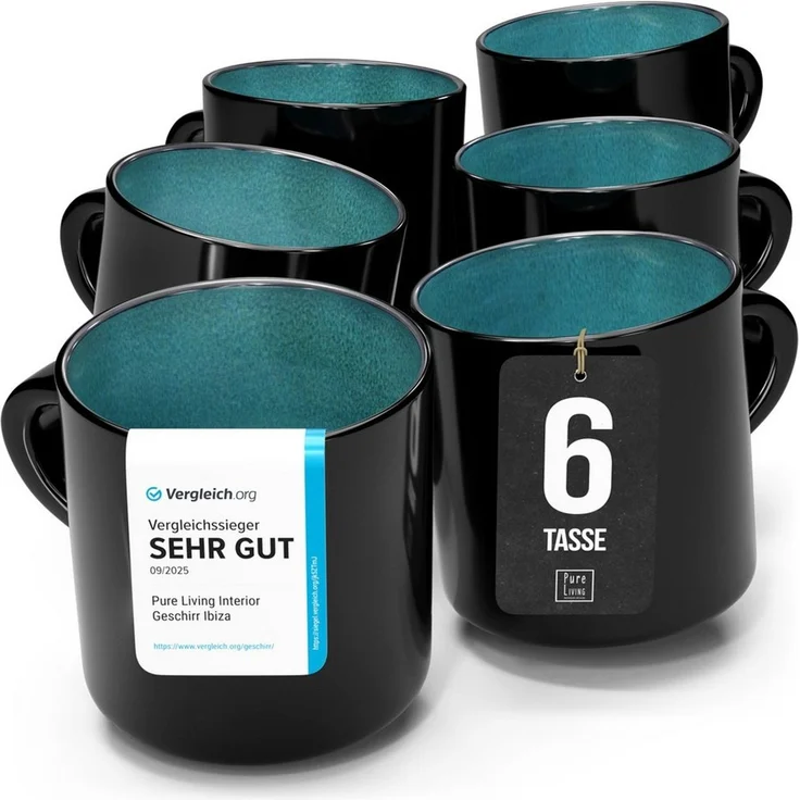 Steingut kleine Kaffeetassen 6 Pers. Ibiza Hochwertiges Mediterranes TEST SEHR GUT Tassen Set, Spülmaschinen-, Mikrowellen- und Kratzfest - Stylisches Tee- und Kaffeebecher Set - Pure Living in Petrol – Bild 1