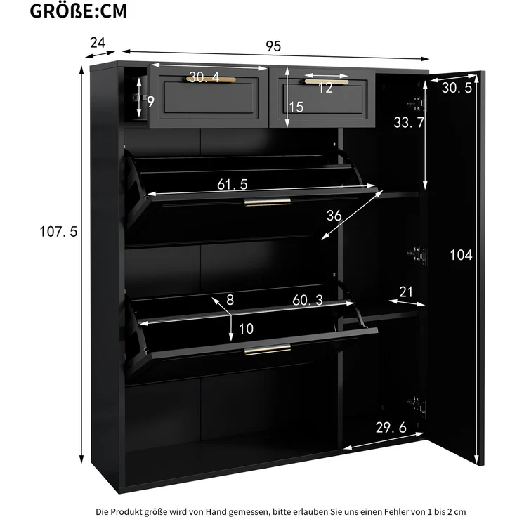 ZUBALIYA Schuhschrank (95 x 24 x 107 cm), 2 Schubladen, Verstellbare Einlegeböden, Stauraum für Flur und Eingangsbereich, Schwarz – Bild 9