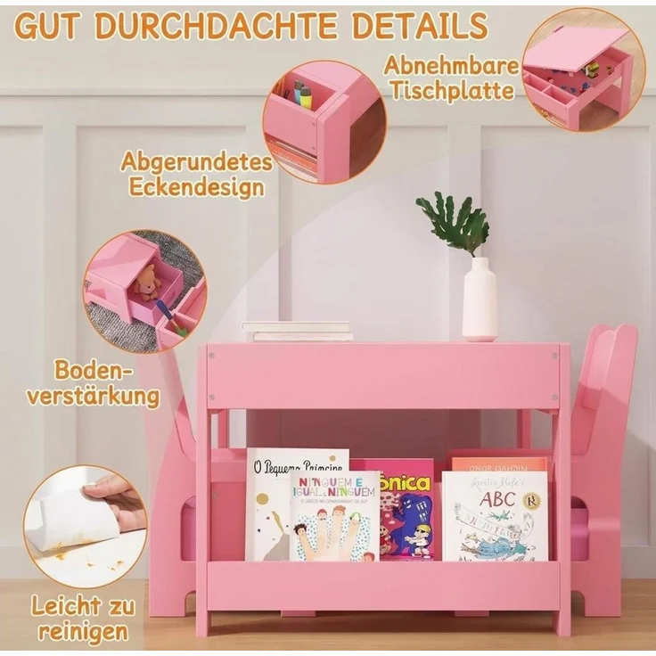 GarveeMore Kindersitzgruppe mit 2 Stühlen und Aufbewahrungsschublade,Abnehmbare Tischplatte, Kindertisch- und Stuhlset, 4-in-1-Aktivitätstisch aus Holz & 2 Stühle – Bild 3