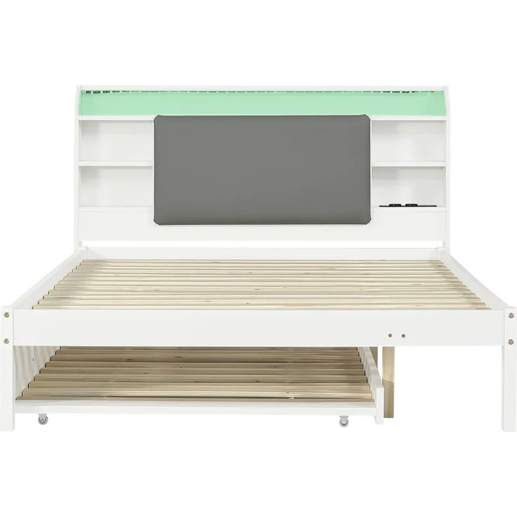 EINHOM Holzbett 120 x 200 cm mit Ausziehbett 90 x 190 cm, Weißes Funktionsbett mit Gepolstertem Kopfteil, LED-Lichtleiste, Kopfteilregal und Ladestation, Ausziehbett Links/rechts Montierbar (Ohne Matratze) – Bild 7