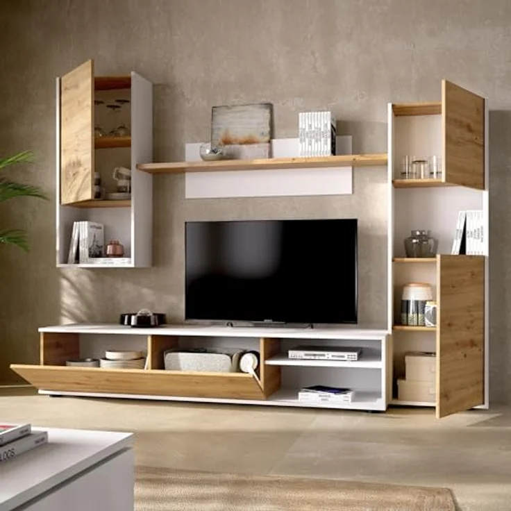 Dmora - Wohnwand Foraker, TV-Ständer-Wohnzimmerset, Mehrzweck-Wohnzimmermöbel, 220 x 41 x 180 cm, Node Oak und Weiß – Bild 2