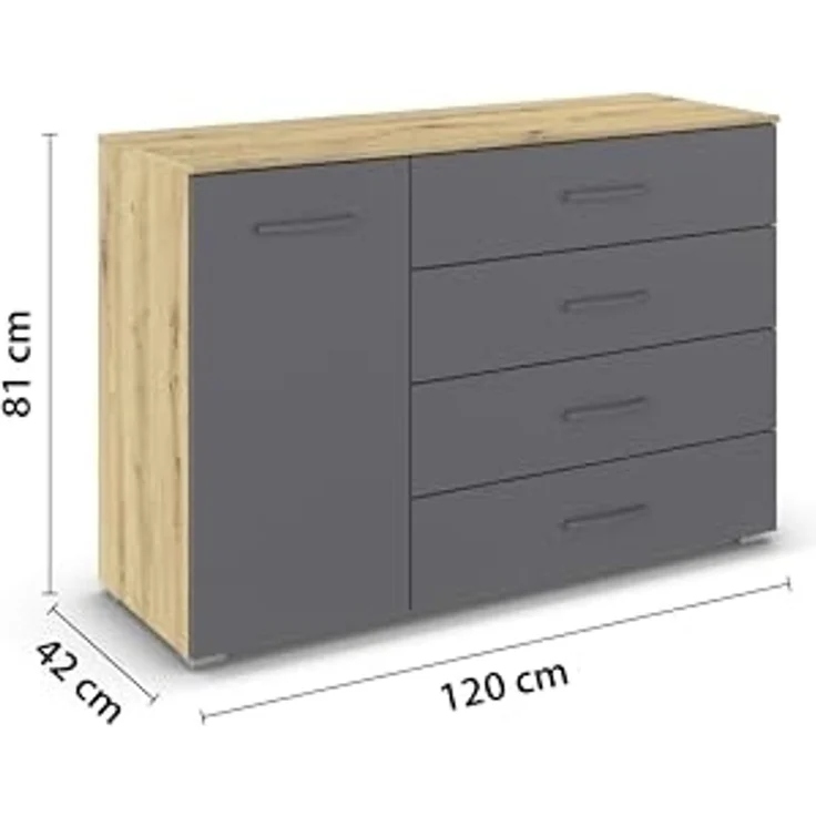 rauch Aditio Box, Kommode, 1-türig, 4 Schubladen, mit Softclose-Funktion, Farbe Grau metallic/Eiche Artisan, BxHxT 120x81x42cm – Bild 3