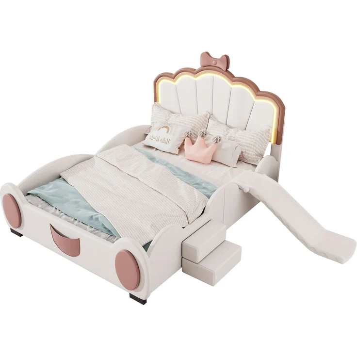 Merax 140*200cm Kinderbett Polsterbett, Schmetterlingsbett LED-Farbwechsellicht, Fernbedienung, ausgestattet mit Rutsche und Leiter, PU-Material, schöne Form, rosa + weiß – Bild 10