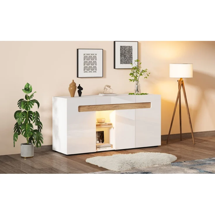 ZUBALIYA Sideboard 140x40x70 cm, mit LED-Beleuchtung, mit App-Steuerung, Hochglanz, aus Spanplatte, Weiß / Natur – Bild 10