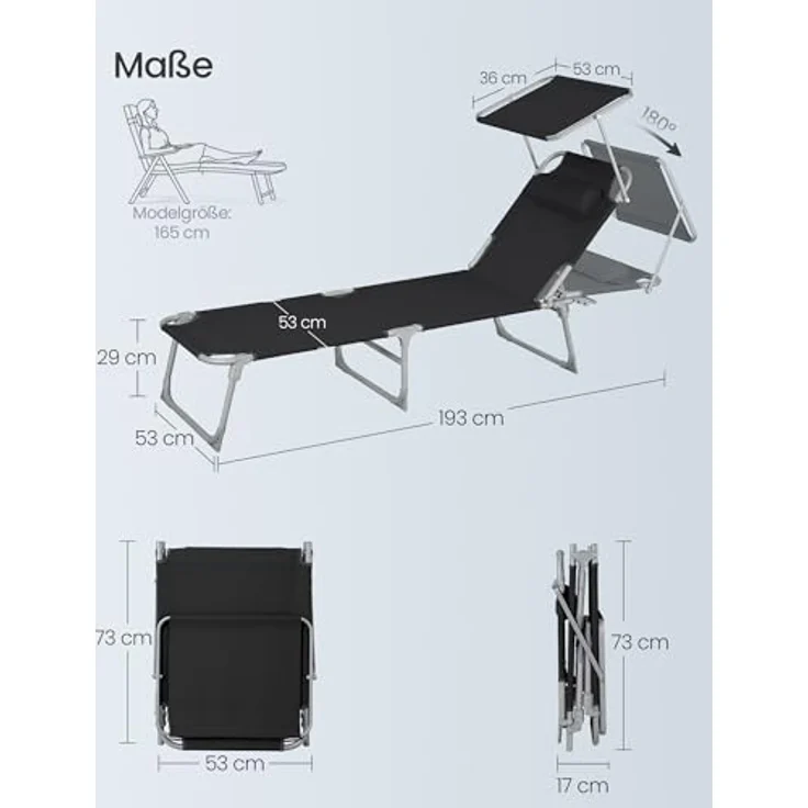 Sonnenliege, klappbarer Liegestuhl, 193 x 53 x 29 cm, max. Belastbarkeit 150 kg, mit Sonnenschutz, Kopfstütze und Verstellbarer Rückenlehne, für Garten, Pool, Terrasse, Schwarz, 1 Liege – Bild 4