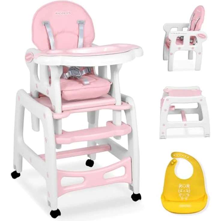Kinderhochstuhl Babyhochstuhl Mitwachsender Multifunktions Hochstuhl 5in1 Tisch + Babystuhl regulierbar Schaukelfunktion SINCO Ricokids (Rosa) – Bild 2