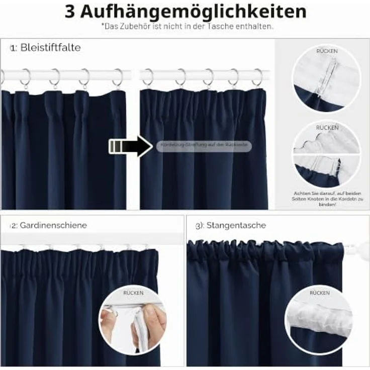 Deconovo Gardinen für Schienensystem Blickdicht Vorhänge Deko Dunkelblau | 2er Set, H 138 x B 168 cm, Thermal Curtains, Schlafzimmer Gardinen, Raumtrenner Vorhang, Gardinen Kurz, für Schienensystem – Bild 3
