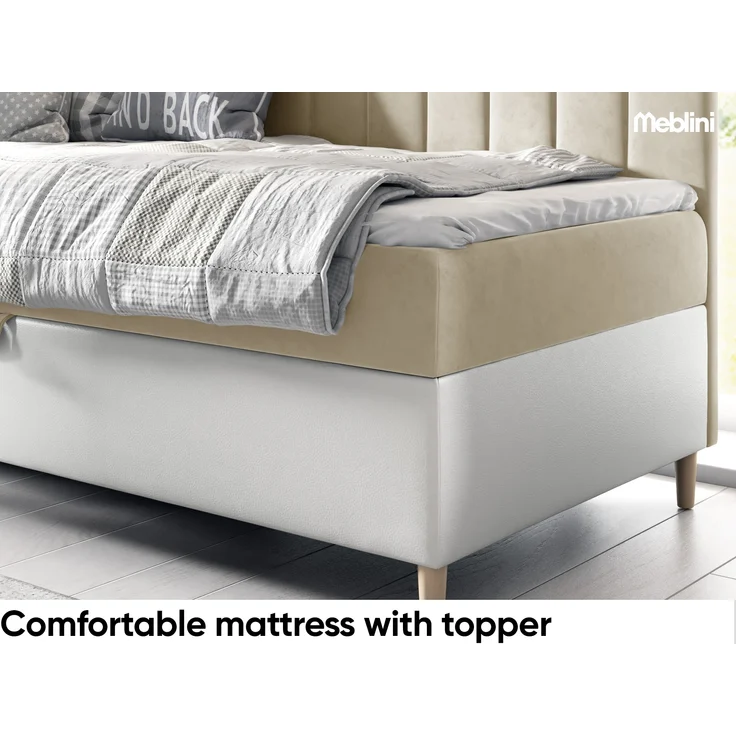 MEBLINI Kinderbett mit Bettkasten MAYA 3 90x200 Links - H3/Beige Samt Gepolstert Einzelbett mit Matratze - Polsterbett mit Stauraum - Bett mit Kopfteil – Stauraumbett – Bild 4