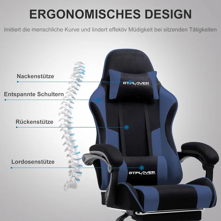 GTPLAYER Gaming Stuhl Stoff, Bürostuhl Massage Gaming Sessel Ergonomischer Gamer Stuhl mit Fußstütze, Kopfstütze Massage-Lendenkissen, Gepolstert Gaming Chair, Drehsessel, blau – Bild 2