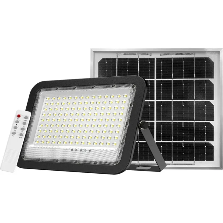 ENOVALITE LED Solarleuchte Solarstrahler PRO, LED-Fluter, 30 W PV, 3800 lm, 6500K, IP65, LED fest integriert, Tageslichtweiß, kaltweiß, steuerbar mit Fernbedienung, Solarfluter mit Akku