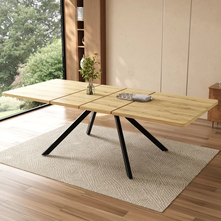 Merax Ausziehbarer Esstisch mit 3 Längen, 160/200/240*90 cm, geeignet für 6-10 Personen, rechte Form, Metallbeine, einfacher Stil, Tisch für Esszimmer, Küche, Eichenfarbe – Bild 1