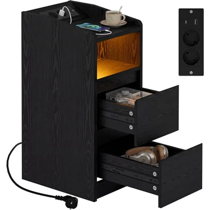 IRONCK Nachttisch Schmal, Beistelltisch mit Ladestation und LED, Schwarz | Bedside Table mit Offenem Fach für Schmale Räume Schlafzimmer, Wohnzimmer, 2 Schubladen,2 AC-Steckdosen,USB+Typ-C Anschlusse – Bild 1