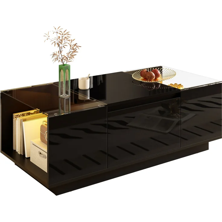 LED-Couchtisch 105×50×35 cm Schwarz Hochglanz Tisch mit Glasplatten, LED-Beleuchtung steuerbar via Bluetooth und App – Bild 8