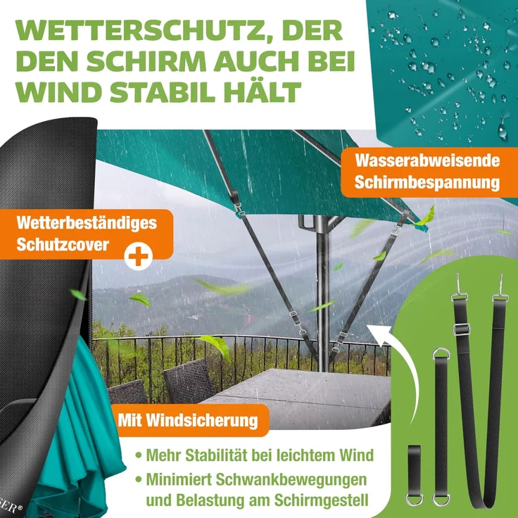 KESSER® Alu Ampelschirm LED Solar + Abdeckung mit Kurbelvorrichtung UV-Schutz Aluminium mit An-/Ausschalter Wasserabweisend - Sonnenschirm Schirm Gartenschirm 300cm, Petrol Grün – Bild 7