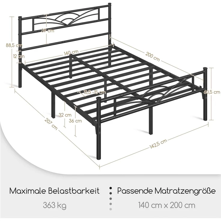 Yaheetech Metallbett mit Lattenrost, Wolkenmuster, Schwarz, 140x200 cm – Bild 3