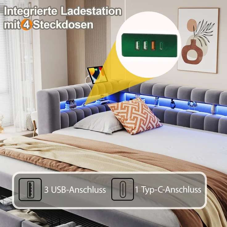 Ausziehbett 90/180×190 cm mit Bettkasten, LED, USB-Anschluss, Grau, ohne Matratze – Bild 7