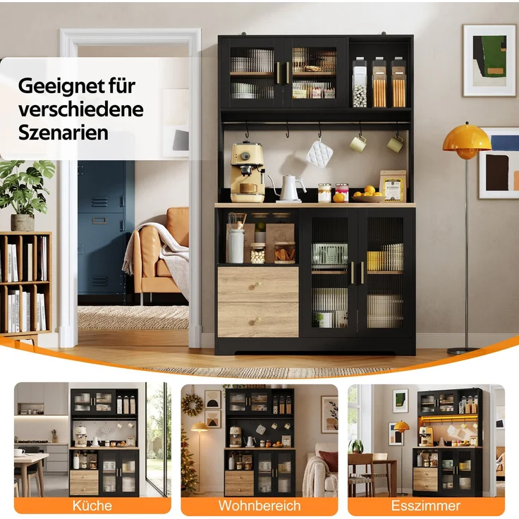 178 cm Küchenschrank, Hochschrank mit LED, Küchenregal mit Steckdose, Vitrine mit Türen aus gehärtetem Glas, Weinregal, Schwarz mit Holzoptik verstärkter Arbeitsplatte--Schwarz--110x40x178cm--YOUDENOVA – Bild 7