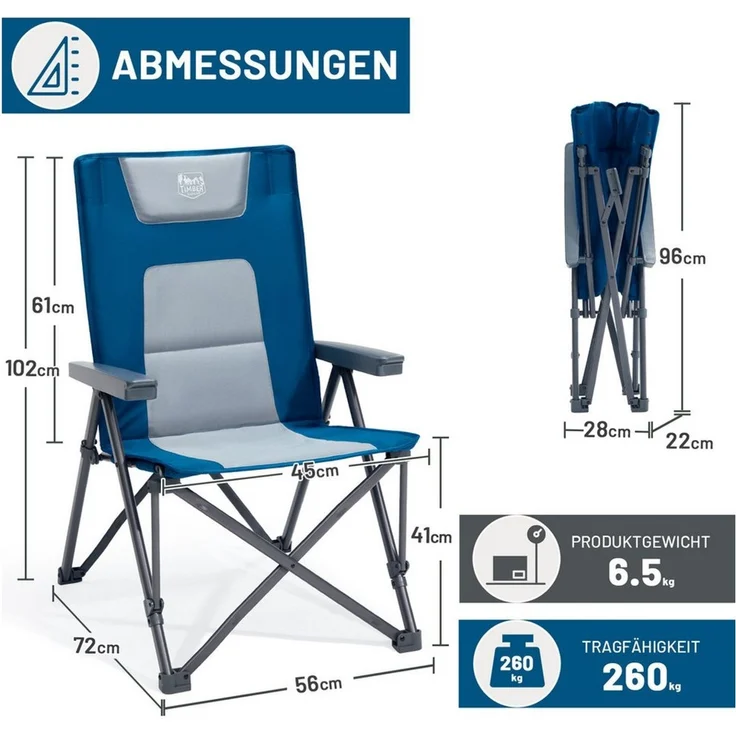 TIMBER RIDGE Campingstuhl Klappstuhl mit Gepolstert, 260 KG belastbar (1 St), mit Tragetasche, für Camping, Wandern & Picknick – Bild 3