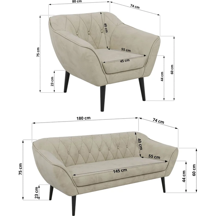 Wohnzimmerset PIRS 1-1-3, Skandinavisches 3-Sitzer Sofa mit Sesseln, Sofa mit Wellenfederung, schwarze Füße, Skandinavisches Möbelset - Beige Velvet – Bild 5