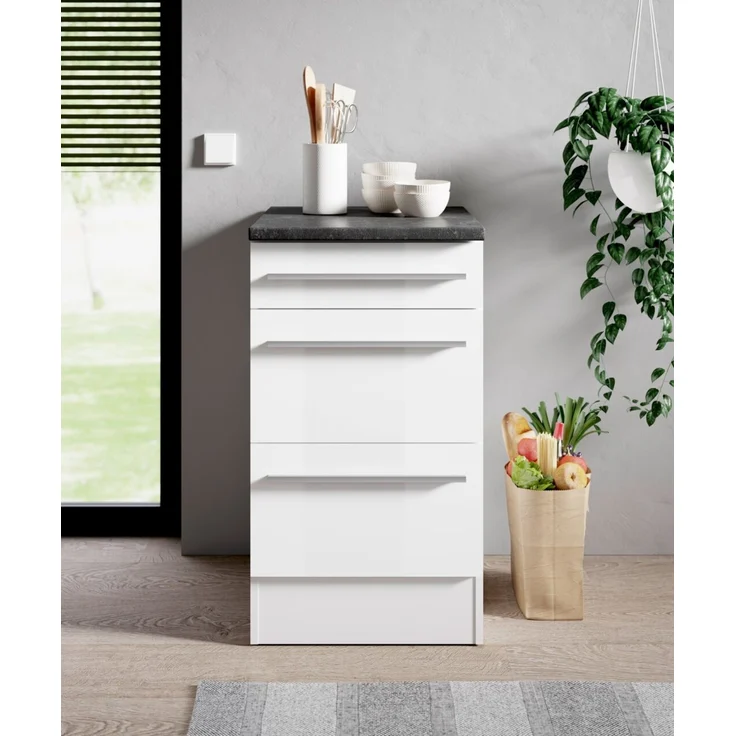 Yourkitchen 'JAZZ' Küchenunterschrank Front weiß Hochglanz, Holznachbildung Weiß, 50 x 90 x 60.01 cm, mit 3 Schubladen – Bild 2