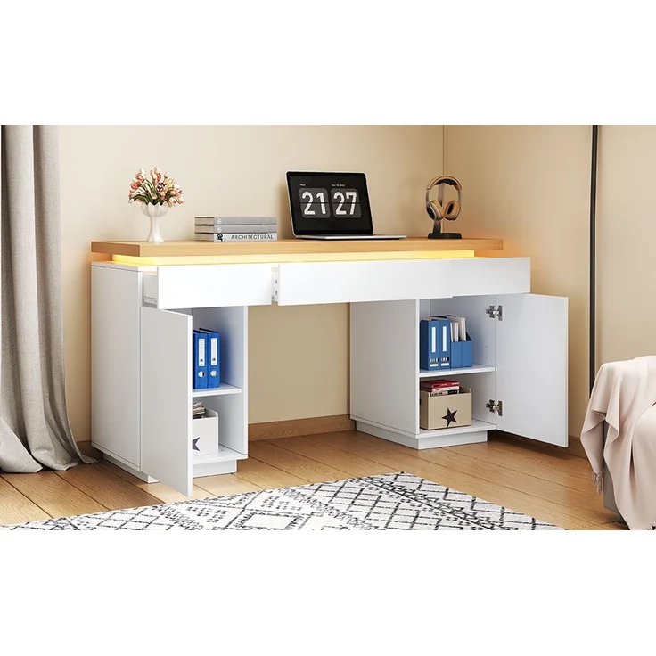 ZUBALIYA 140×50cm großer Schreibtisch,verlängerte und verdickte Tischplatte mit LED-Beleuchtung, ausgestattet mit 3 Schubladen,2 Türen und verstellbaren Einlegeböden,großer Stauraum, Schreibtisch, Schminktisch – Bild 13