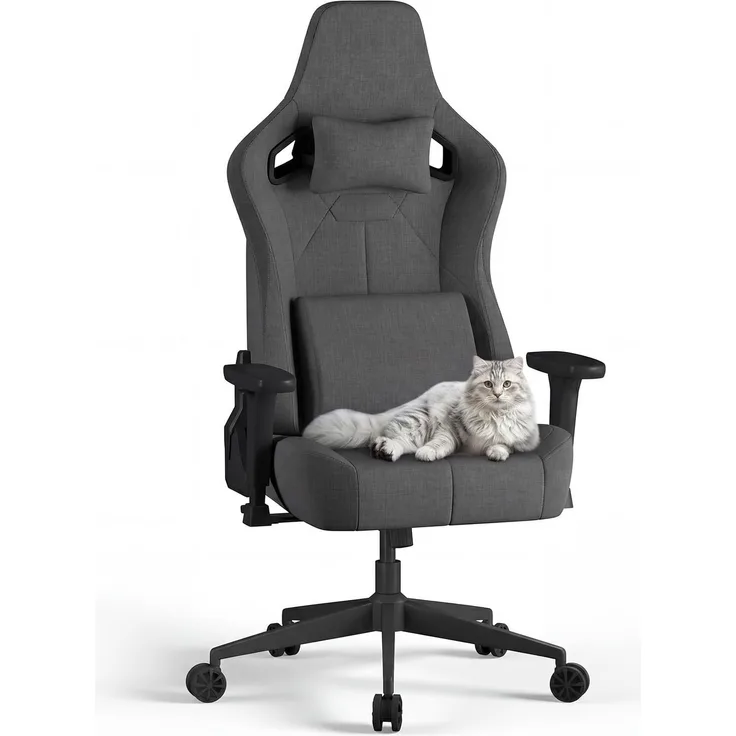 JUMMICO Gaming Stuhl aus Stoff mit Rennsitz, Komfort Bürostuhl Ergonomisch mit 3D-höhenverstellbaren, Schreibtischstuhl Neigefunktion (90°-135°), Belastbarkeit 200 kg, Grau