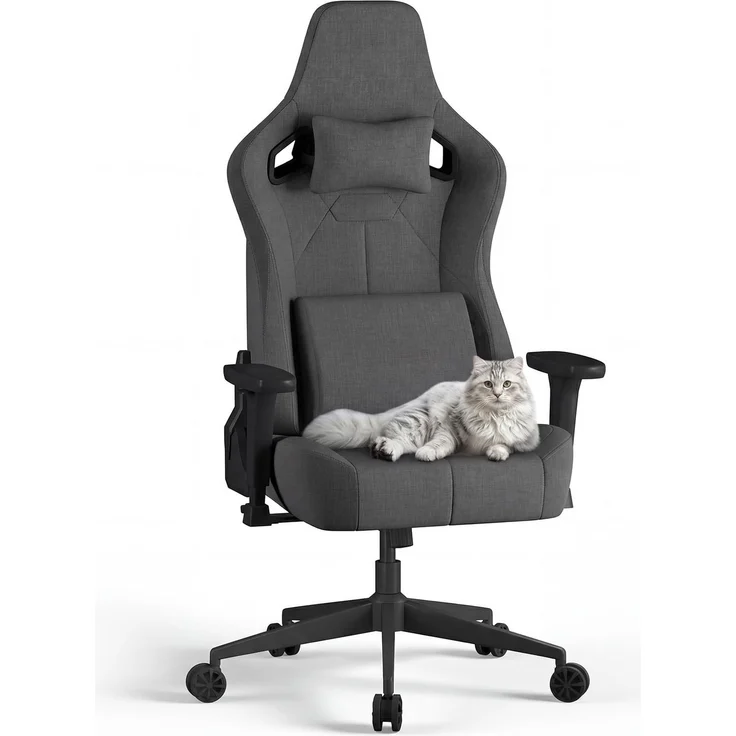 JUMMICO Gaming Stuhl aus Stoff mit Rennsitz, Komfort Bürostuhl Ergonomisch mit 3D-höhenverstellbaren, Schreibtischstuhl Neigefunktion (90°-135°), Belastbarkeit 200 kg, Grau