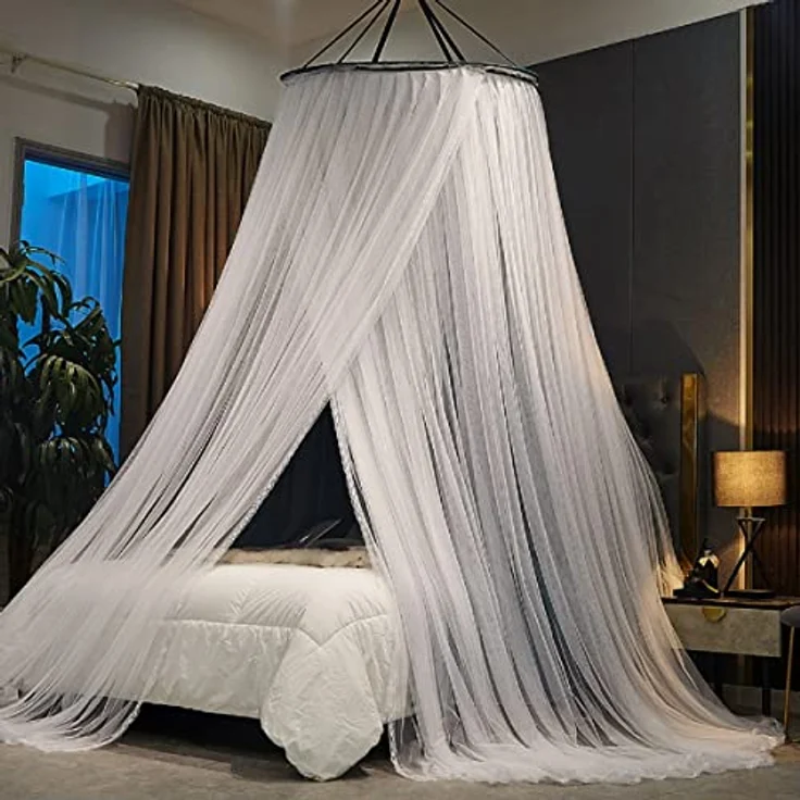 Kertnic Luxuriöser Betthimmel für Mädchen und Erwachsene, groß, elegant, doppellagig, Bettvorhang, Baldachin, Vorhänge, runde Kuppel, Spitze, Prinzessinnen-Vordächer, Netz (Pfauenblau) – Bild 3