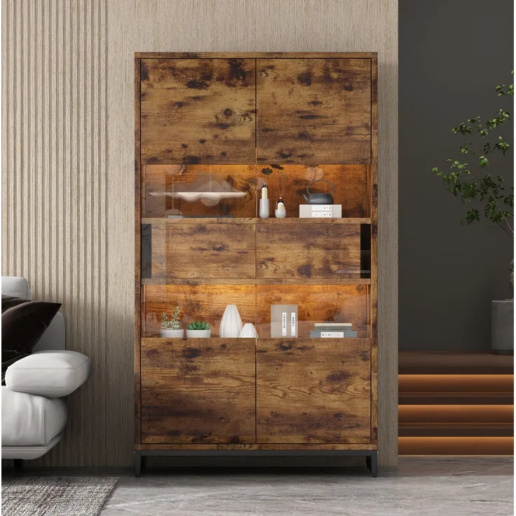 Vitrine aus MDF mit LED-Beleuchtung, 80x40x138 cm, Schwarz mit Holzmaserung