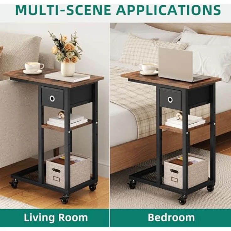 YITAHOME Beistelltisch, C-Form Sofatisch mit Rollen und Schublade，Wohnzimmertisch für Kaffee und Laptop，für Wohnzimmer, Schlafzimmer，50 x 30 x 67cm, Rustikales Braun – Bild 6