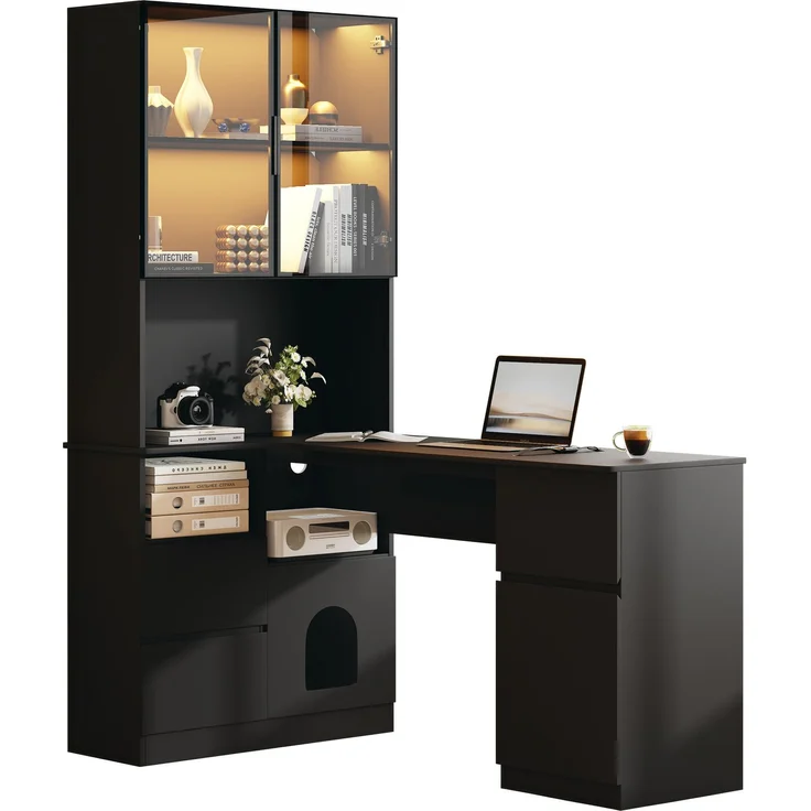 Flieks Eckschreibtisch mit Regal, LED-Vitrine, 3 Schubladen und Haustierfach, 120 x 80 x 180 cm, Schwarz – Bild 1