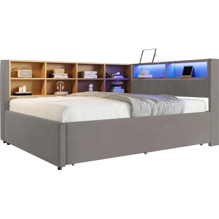 CHICFURN Bett aus Flanell Dunkelgrau 140x200 cm mit Ausziehbett 90x190 cm, LED-Beleuchtung und USB- und Type-C-Anschlüssen – Bild 7