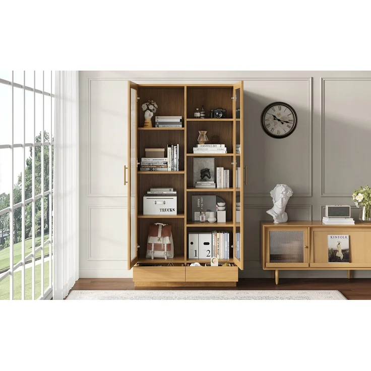 Glasvitrine (Büroschrank/Bücherregal/Aktenschrank/Aufbewahrungsregal) – Versetzte, nicht verstellbare Fachböden, grifflose Push-To-Open-Schubladen, 80*40*160 cm, Holzfarbe--Naturholz--80x40x160cm--YOUDENOVA – Bild 9