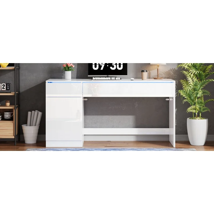 ZUBALIYA Hochglanz Schreibtisch 120 x 50 cm mit LED-Beleuchtung, 2 Schubladen & 1 Tür, großer Computertisch und Schminktisch, Moderner Arbeitsplatz für Homeoffice und Schlafzimmer – Bild 22