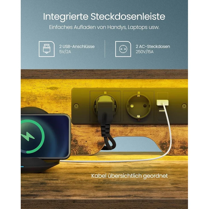 VASAGLE Schreibtisch mit Stoff-Schubladen, Computertisch mit Monitorständer, LED-Beleuchtung, 55 x 135 x 90 cm, eingebaute Steckdosen, 2 USB-A-Anschlüsse, für Homeoffice, vintagebraun LWD094K02 – Bild 5
