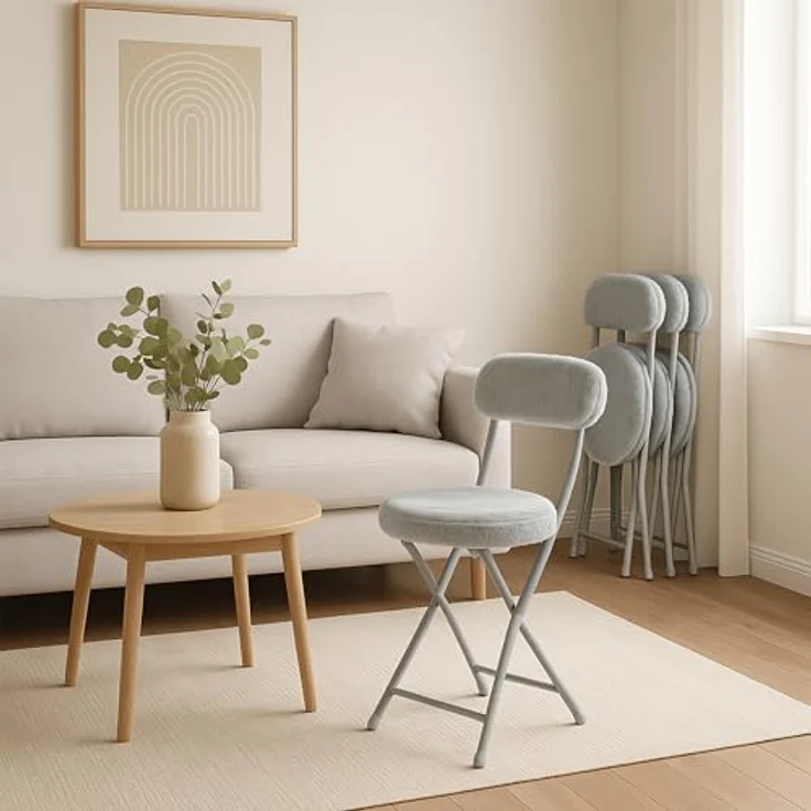 MEUBLE Cosy Klappstuhl 4er Set mit Rücklehne und Fußstütze, Gästestuhl Klappbar Campingstuhl Gepolstert aus Kunstfell, Grau – Bild 7