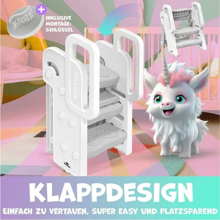 KIDIZ® Tritthocker für Kinder Trittleiter Klappbar mit 3 Stufen | Faltbarer Lern-Turm ab 18 Monaten bis 6 Jahren | Robust | Sicherer & Stabiler Trittschemel | Höhenverstellbar Rutschfest Weiß / Hellgrau – Bild 3