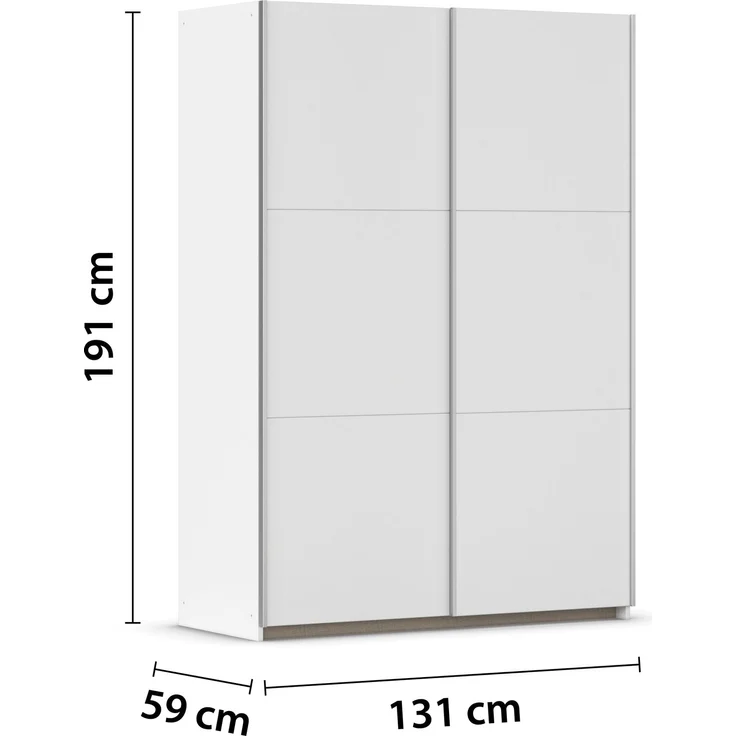 rauch Kleiderschrank Sejo, Schwebetürenschrank, Schiebetürenschrank, 2-türig, mit 2 Kleiderstangen und 2 Einlegeböden, Farbe Weiß, Griffleiste Alu, klein, platzsparend, 131x191x59cm – Bild 4